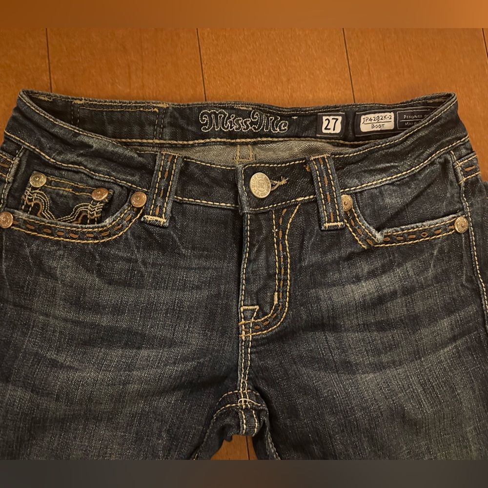 Miss Me Dark Blue Boot Cut Jeans with Brown & Cream Pocket Appliqué - Picture 3 of 8